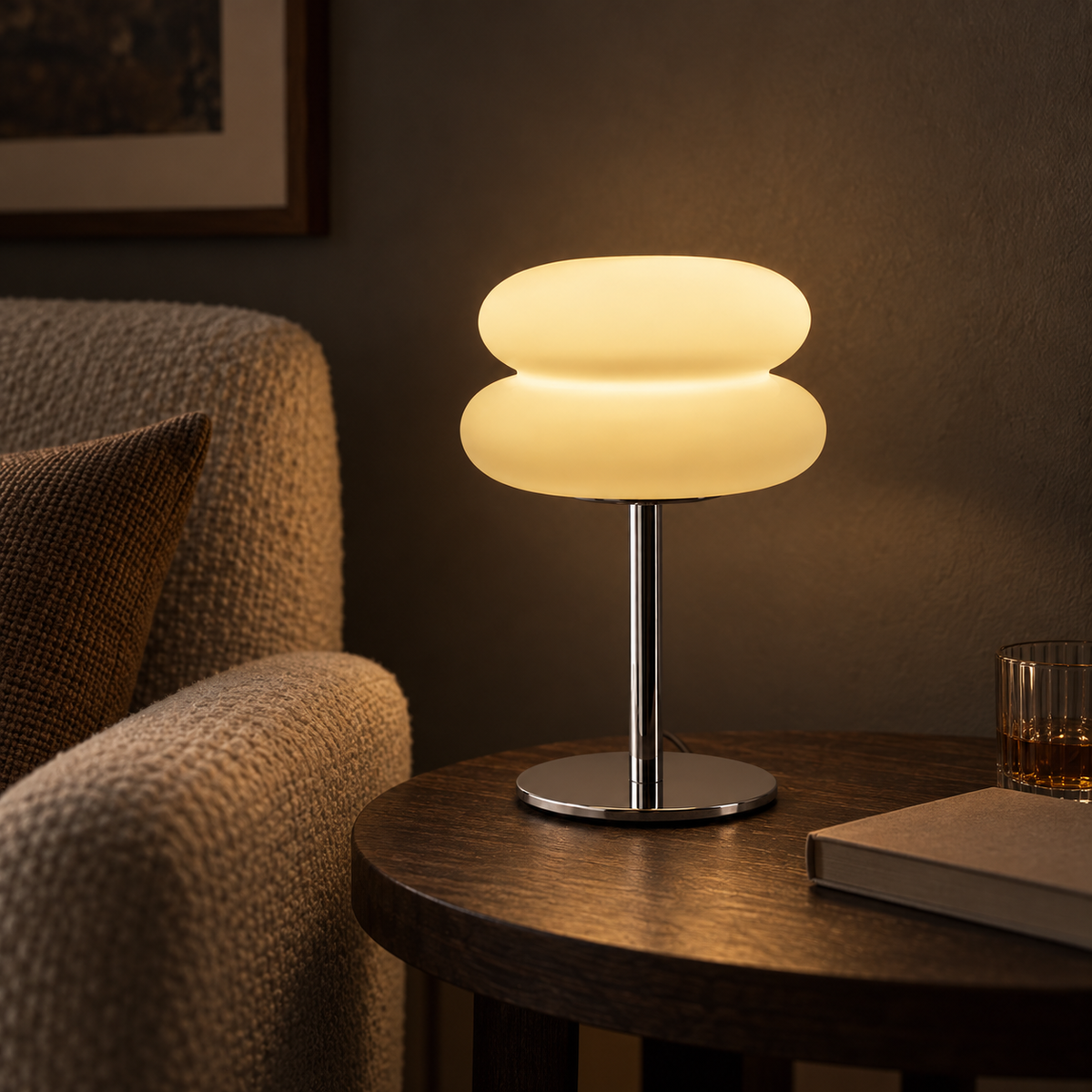 Halo frosted tiered USB lamp in a lived-in reading nook