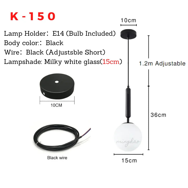 Black Lune K-150 pendant dimensions with 15 cm opal globe