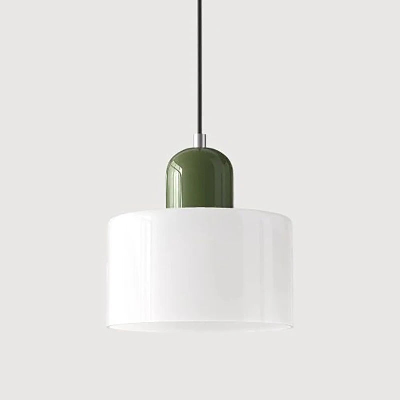 White Mira glass drum pendant with a green top