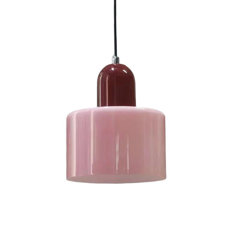 Pink Mira glass drum pendant with a wine red top