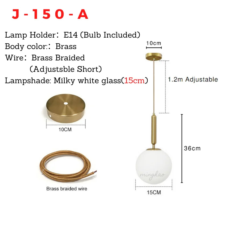 Gold Lune J-150-A pendant dimensions with 15 cm opal globe