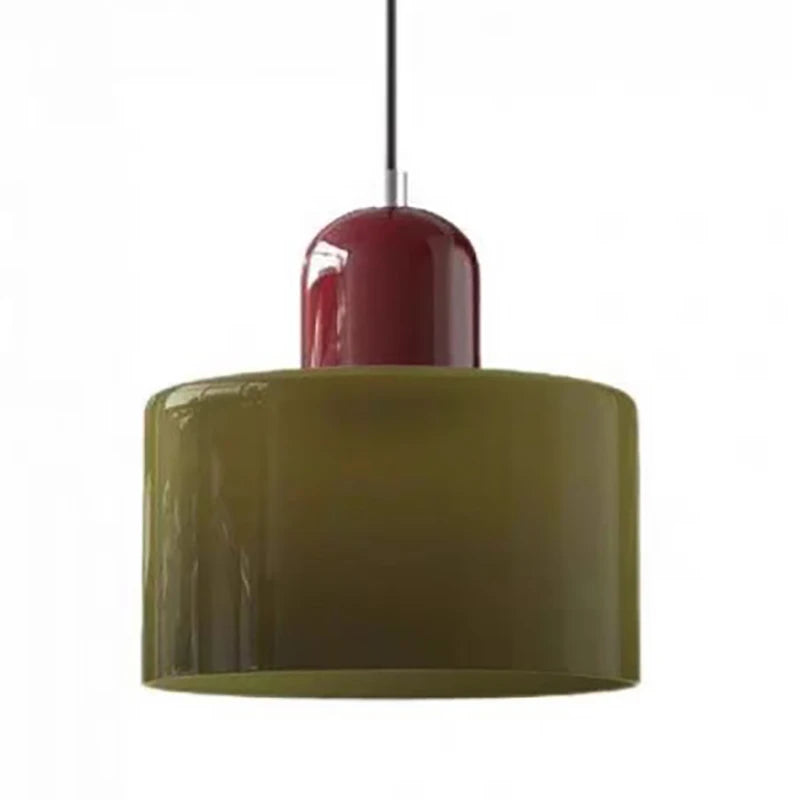 Green Mira glass drum pendant with a wine red top on white