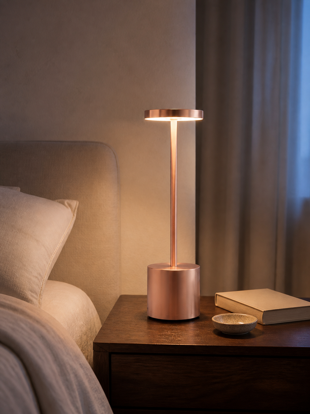 Rose gold Astor cordless table lamp glowing beside a bed