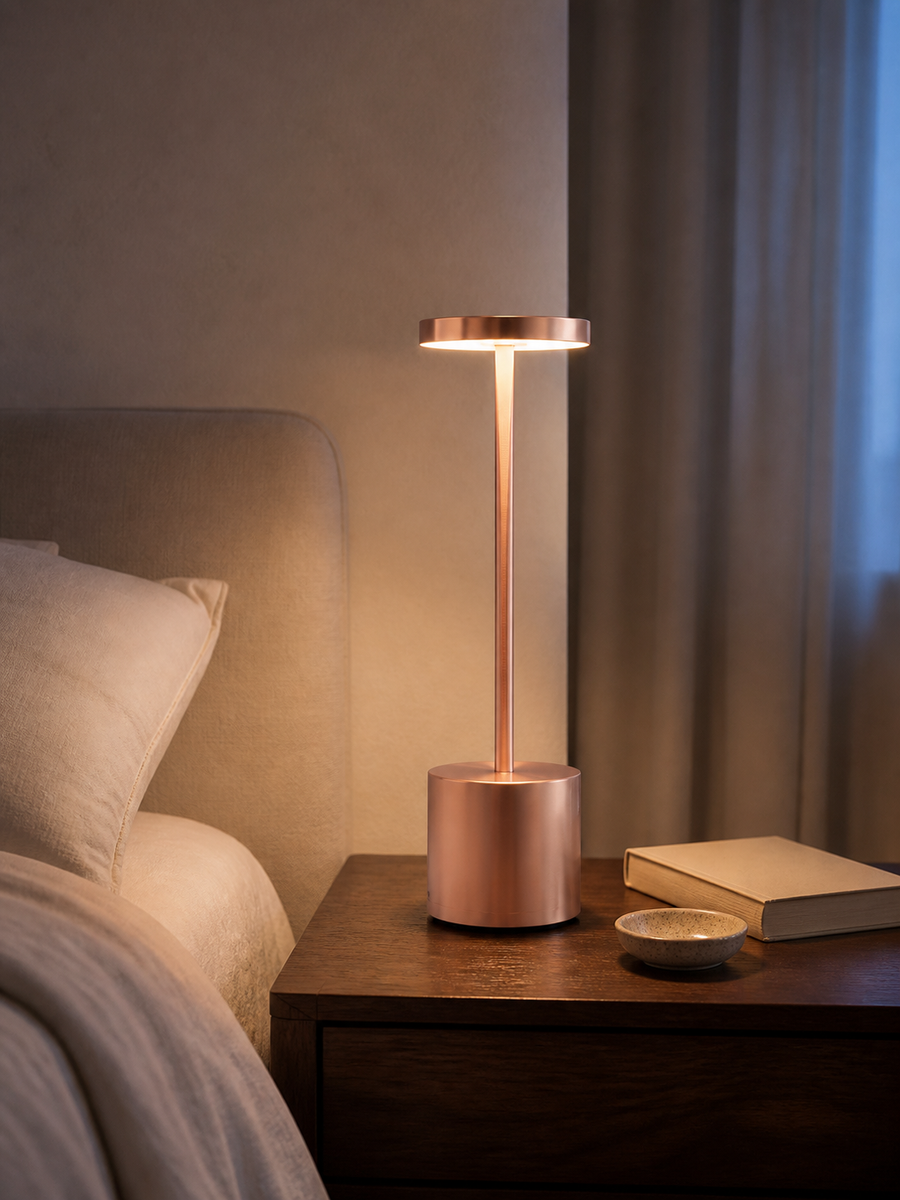 Rose gold Astor cordless table lamp glowing beside a bed