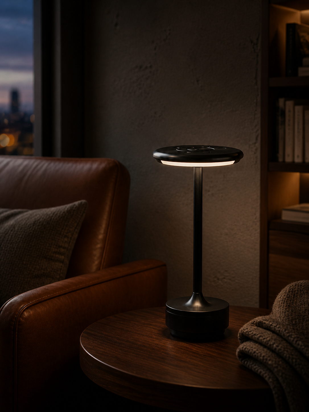 Black Atlas cordless table lamp beside a brown leather chair