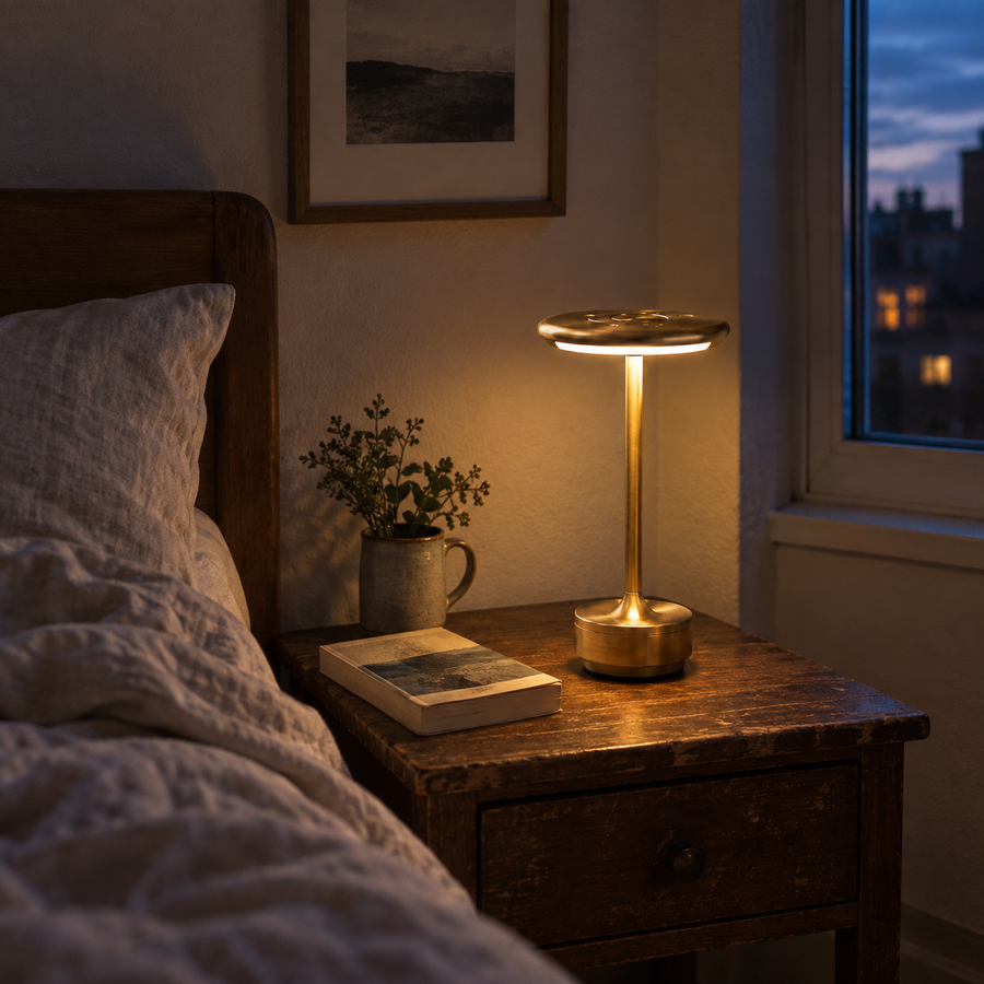 Gold Atlas cordless lamp on an ordinary bedroom nightstand at dusk