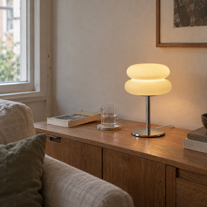 Halo frosted tiered USB lamp in a bright lived-in home