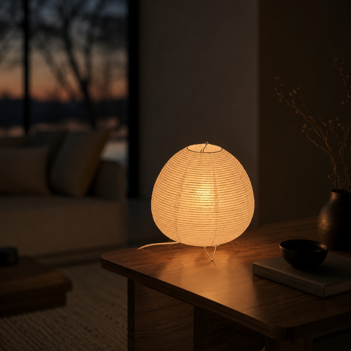 Kana Japanese paper lantern table lamp on a walnut table at dusk