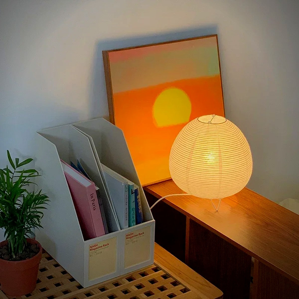 Kana Japanese paper lantern table lamp, lit