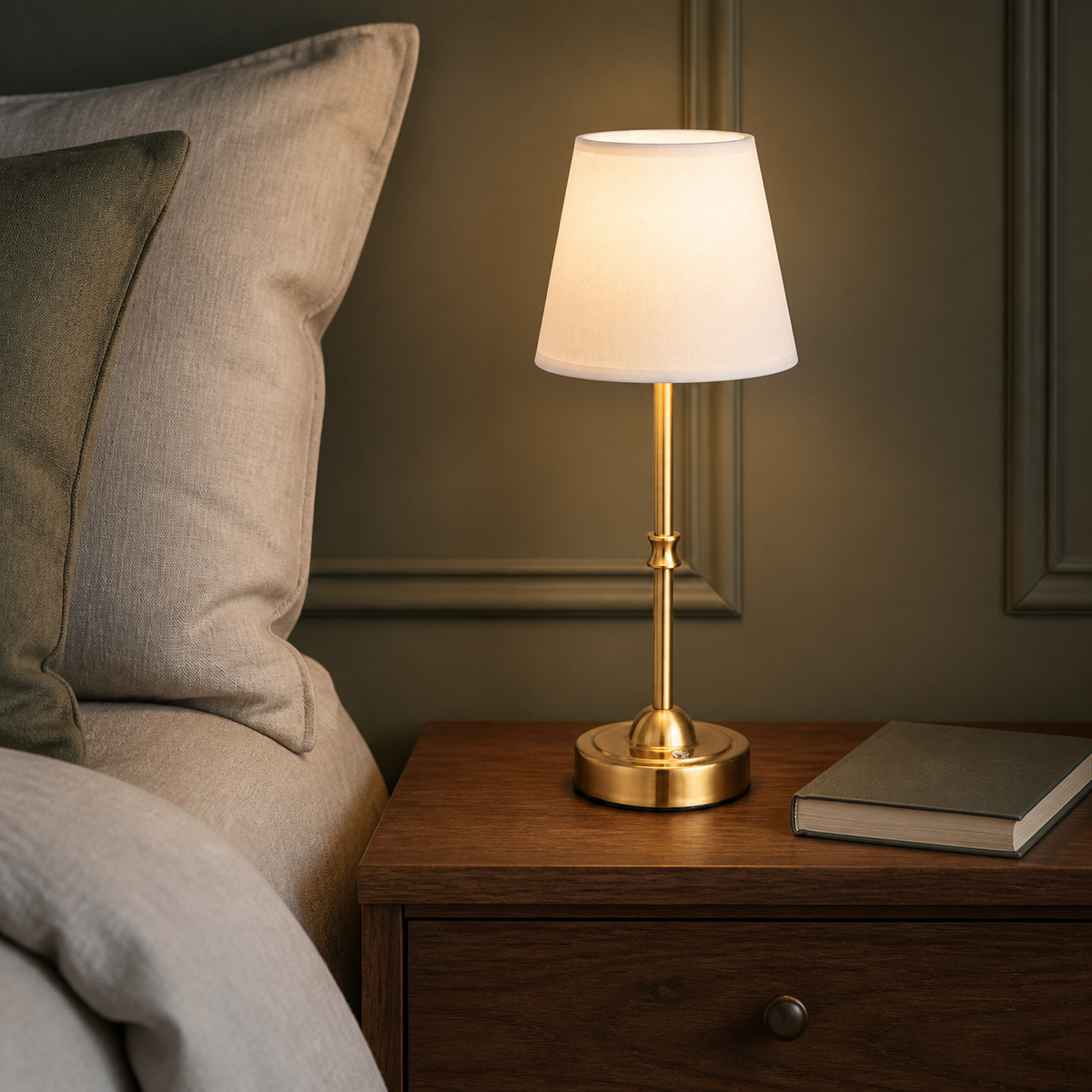 Gold Laurent table lamp with a white shade on a wood nightstand
