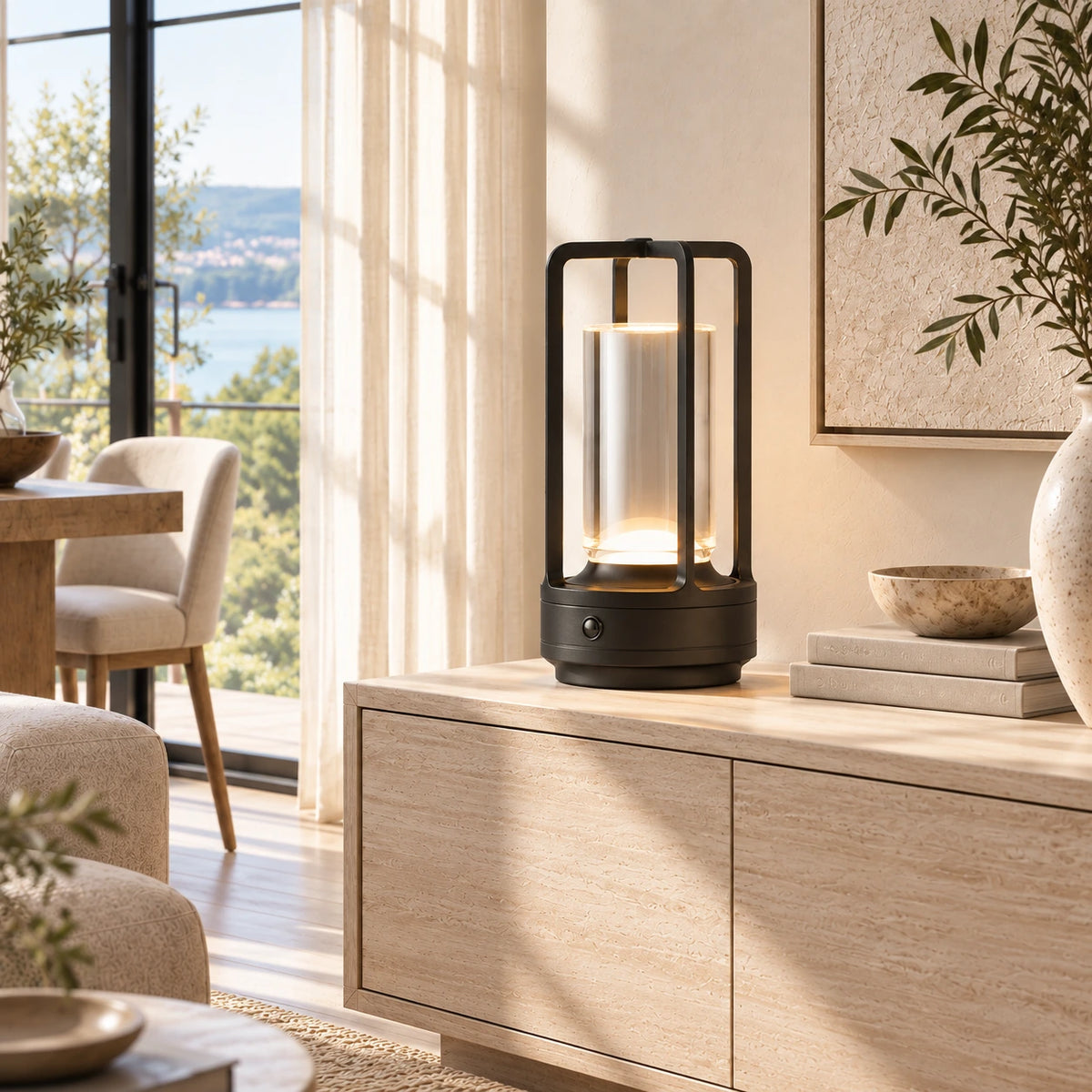 Black Marlow cordless table lamp in a bright naturally lit living room