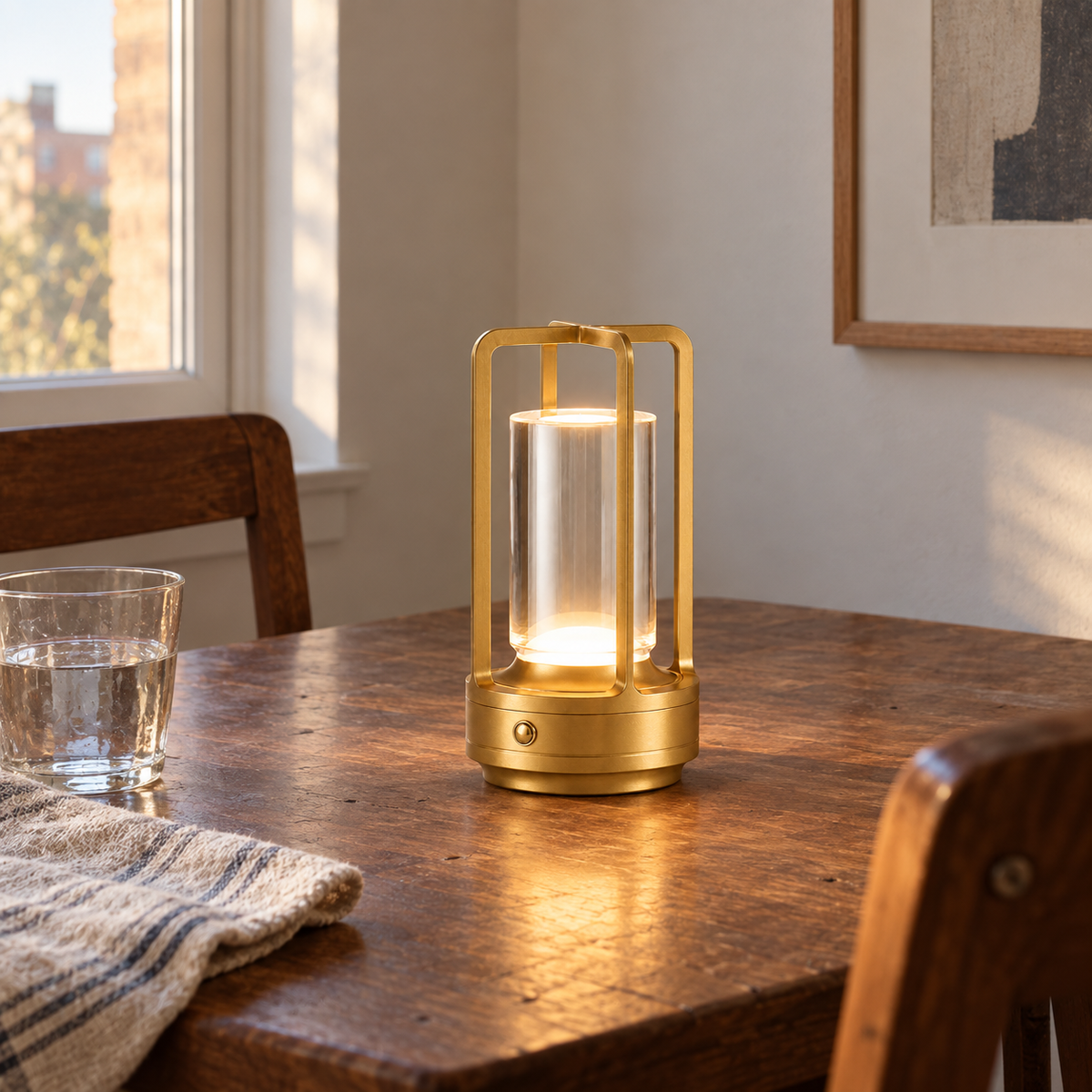 Gold Marlow cordless table lamp in a lived-in home dining room