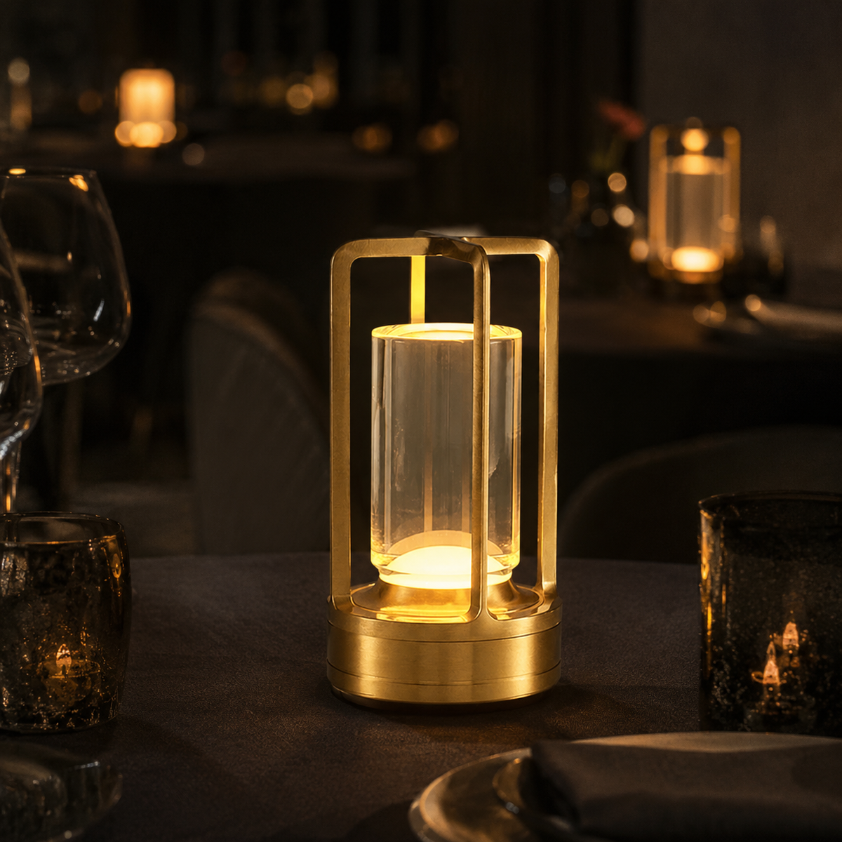 Ember Marlow cordless lamp in gold lit on a dark restaurant table at night