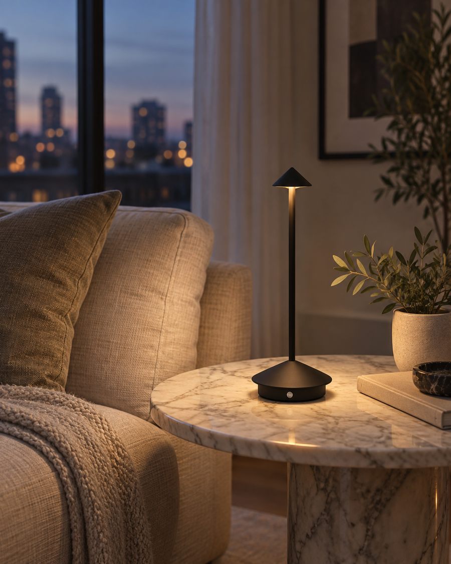 Black Noma cordless table lamp beside a linen sofa at blue hour