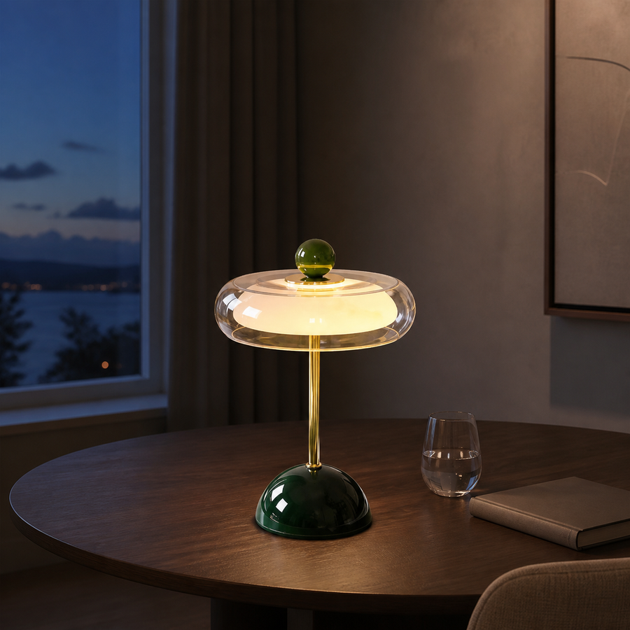 Dark green Oria glass table lamp glowing on a bedside table