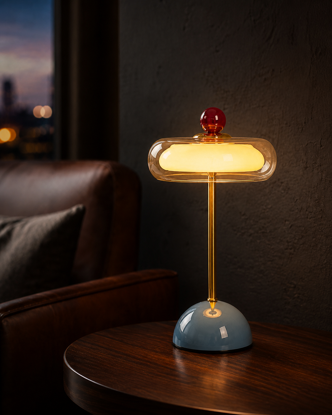 Lake blue Oria glass table lamp glowing in a blue-hour interior