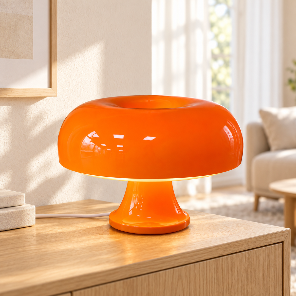 Orange Oslo mushroom lamp in a bright open living room