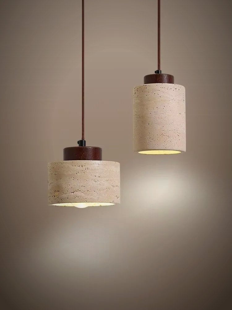 Suna travertine stone pendant light, warm glow